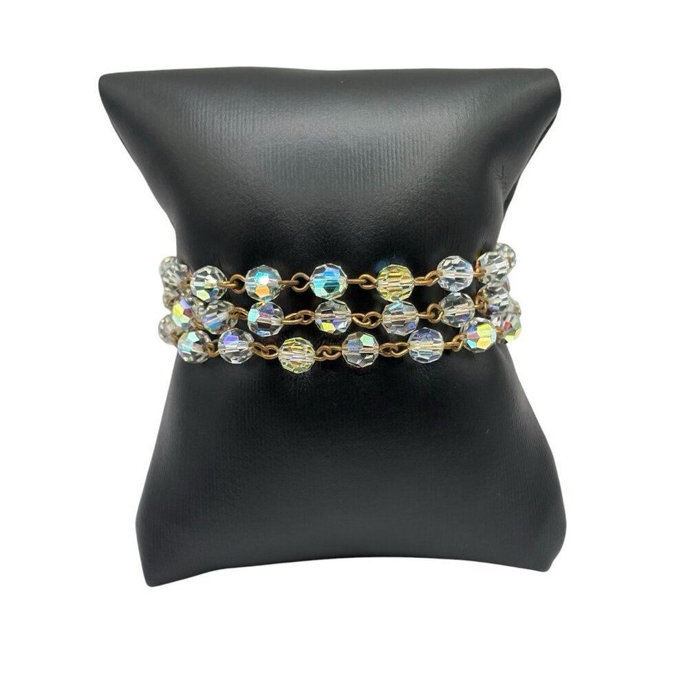 VTG Aurora Borealis AB Bracelet Triple Strand Iridescent Cut‎ Glass Box Clasp